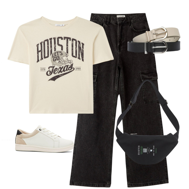 Outfit donna - Casual con i jeans neri. Stile Casual per Tutti i giorni. Abbinamento con sneakers, marsupi, t-shirt, jeans, cinture.