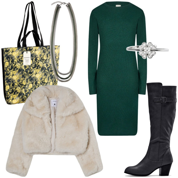 Outfit donna - Pomeriggio libero. Stile Casual chic per Tutti i giorni. Abbinamento con stivali, blazer, anelli, borse tote, vestiti midi/longuette, collane.