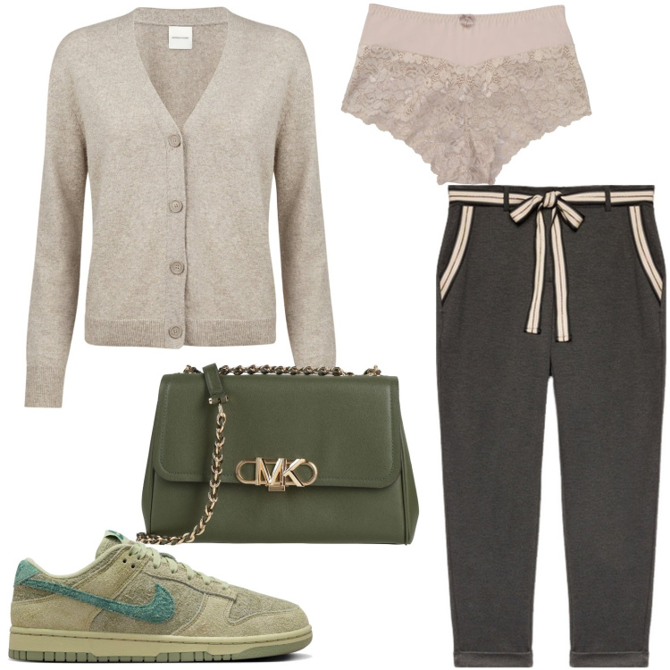 Outfit donna - Comoda e sportiva. Stile Minimal per Tutti i giorni. Abbinamento con culotte, borse a tracolla, pantaloni chino, cardigans, sneakers.