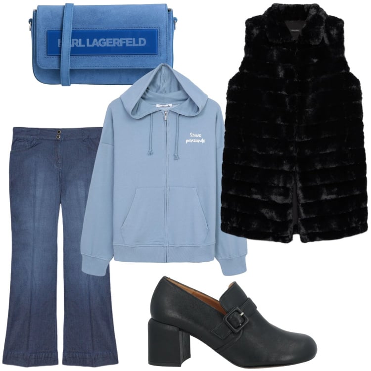 Outfit donna - Pelliccia avvolgente. Stile Minimal per Ufficio. Abbinamento con mocassini, borse a tracolla, gilet, jeans, felpe con cappuccio.