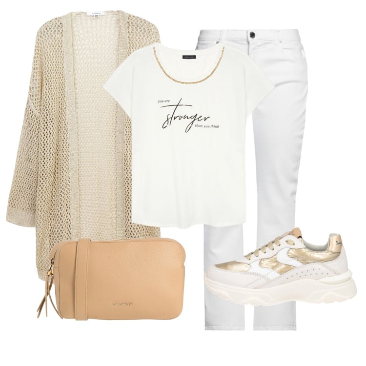 Outfit donna - Bianco e beige. Stile Casual per Tutti i giorni. Abbinamento con pantaloni, sneakers, borse a tracolla, t-shirt, kimono.