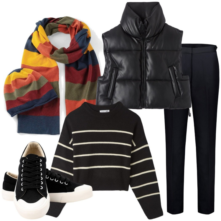 Outfit donna - A lezione. Stile Casual per Scuola/Università. Abbinamento con sciarpe, maglieria, piumini, pantaloni, sneakers.