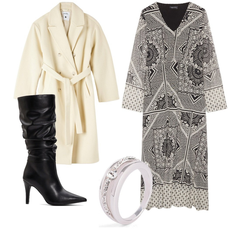 Outfit donna - Cena di famiglia. Stile Urban per Serata fuori. Abbinamento con anelli, stivali, cappotti, vestiti lunghi.