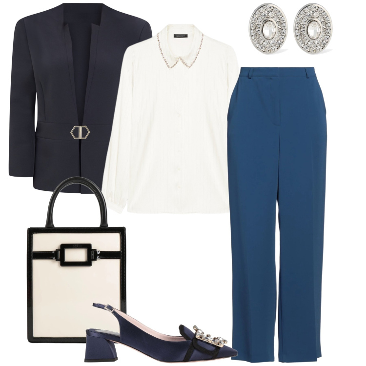 Outfit donna - Bon ton in primavera. Stile Bon Ton per Cerimonia. Abbinamento con pantaloni, borse a mano, décolleté, blazer, camicie, orecchini.