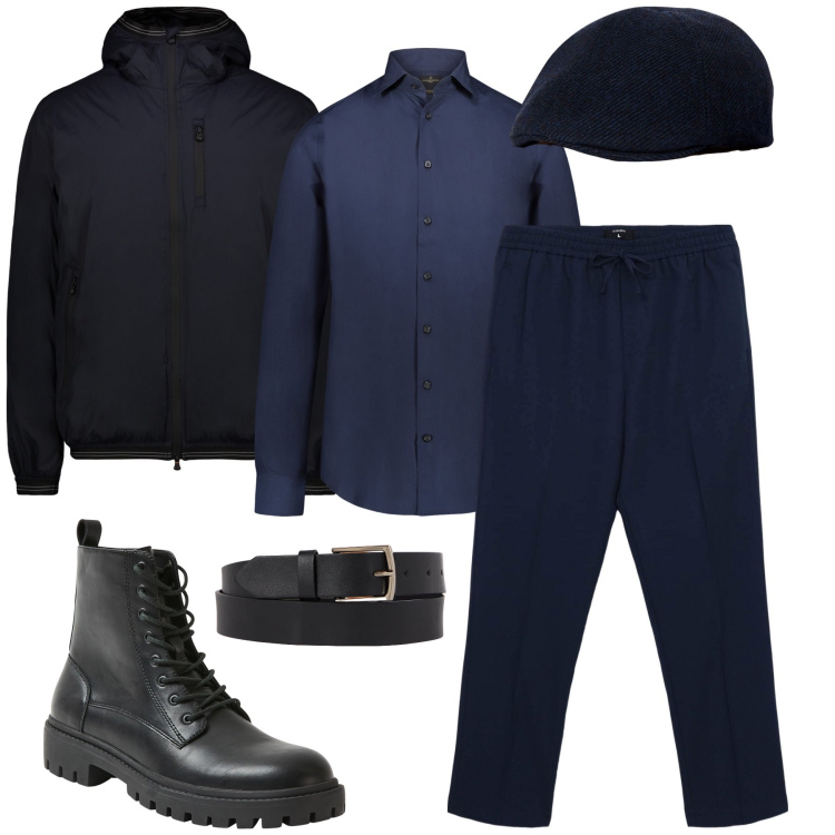 Outfit uomo - Scuro di sera. Stile Business/Elegante per Serata speciale. Abbinamento con pantaloni, anfibi, giacche, camicie, cappelli con visiera, cinture.