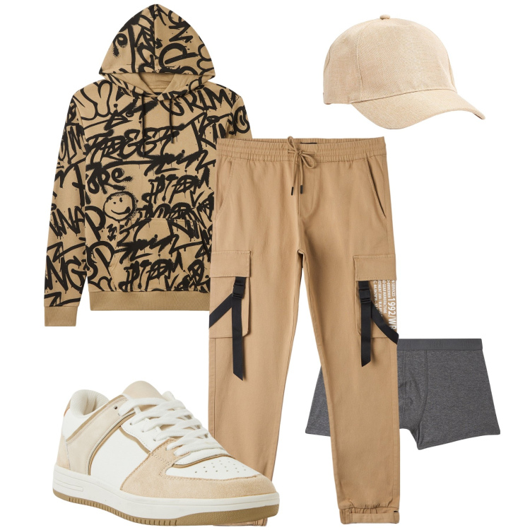 Outfit uomo - Sportivo con Terranova. Stile Trendy per Sport. Abbinamento con felpe con cappuccio, sneakers, pantaloni cargo, cappelli, boxer.