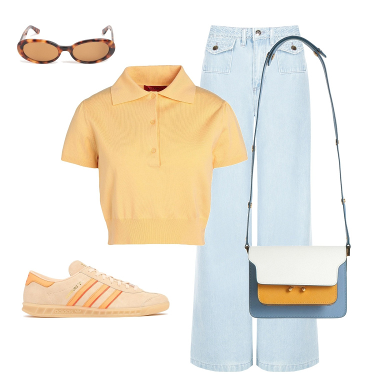 Outfit donna - In giallo. Stile Vintage retrò per Tutti i giorni. Abbinamento con pullovers, borse a spalla, jeans dritti, occhiali da sole, sneakers.