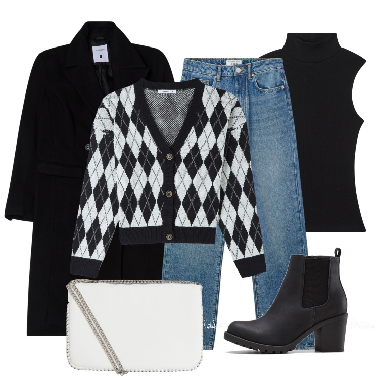 Outfit donna - Bianco e nero. Stile Casual chic per Tutti i giorni. Abbinamento con stivaletti, top, jeans dritti, cardigans, cappotti, borse a tracolla.