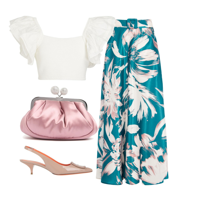 Outfit donna - Gonna a fantasia. Stile Chic per Cerimonia. Abbinamento con décolleté, top, gonne lunghe, pochette.