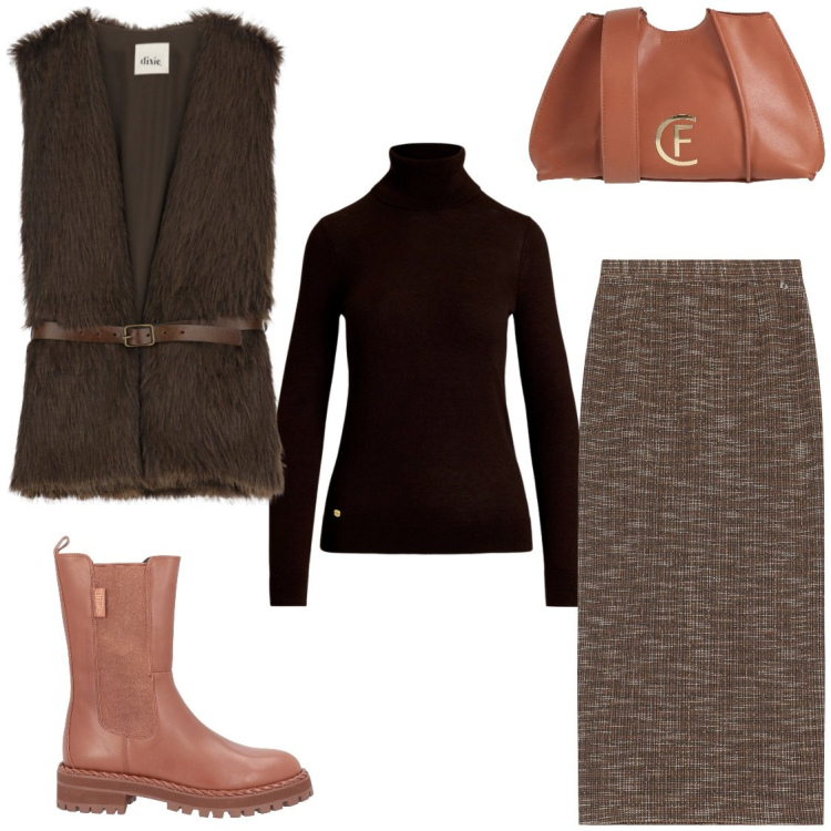 Outfit donna - In armonia con me stessa a lavoro. Stile Chic per Ufficio. Abbinamento con stivaletti, borse a tracolla, gonne lunghe, gilet, maglieria.