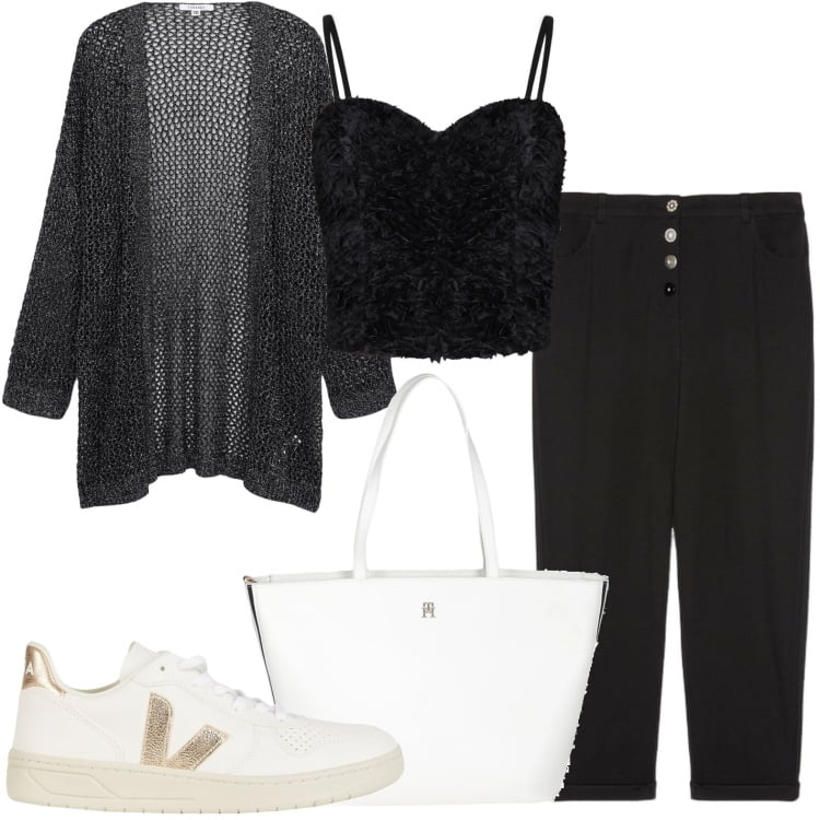 Outfit donna - Top sfizioso. Stile Casual per Ufficio. Abbinamento con sneakers, borse a mano, pantaloni, kimono, top.