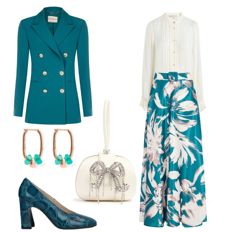Outfit donna - Serata smeraldo. Stile Chic per Serata fuori. Abbinamento con décolleté, camicie, gonne lunghe, blazer, orecchini, pochette.