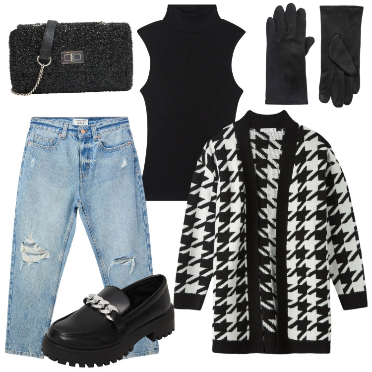 Outfit donna - Minimal. Stile Rock per Scuola/Università. Abbinamento con jeans mom, top, cardigans, guanti, mocassini, borse a tracolla.