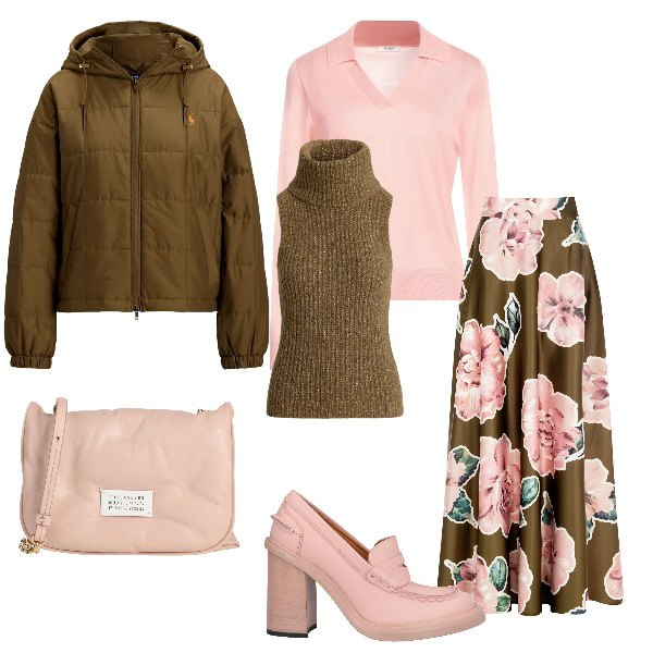 Outfit donna - Layers e gonna a fiori. Stile Boho per Ufficio. Abbinamento con mocassini, pullovers, borse a tracolla, gonne, maglieria, giacche.