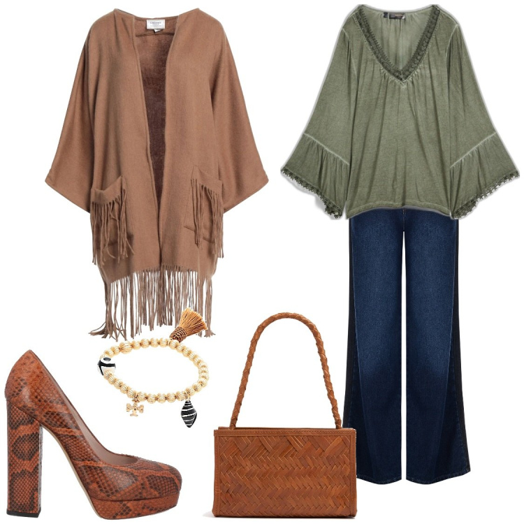 Outfit donna - Reminiscenze anni 70. Stile 70s per Serata fuori. Abbinamento con maglieria, décolleté, braccialetti, cardigans, jeans, borse a mano.