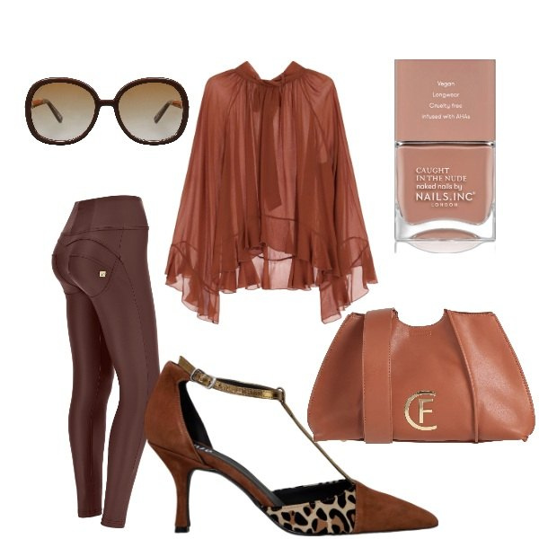 Outfit donna - Pantone 2025 Mocha Mousse. Stile Trendy per Tutti i giorni. Abbinamento con borse a tracolla, occhiali da sole, smalti, pantaloni skinny, camicie, décolleté.