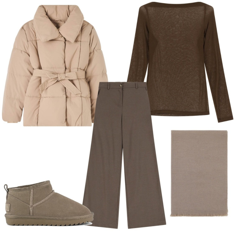 Outfit donna - Passeggiate relax. Stile Casual chic per Tutti i giorni. Abbinamento con piumini, sciarpe, t-shirt, pantaloni a palazzo, stivali.