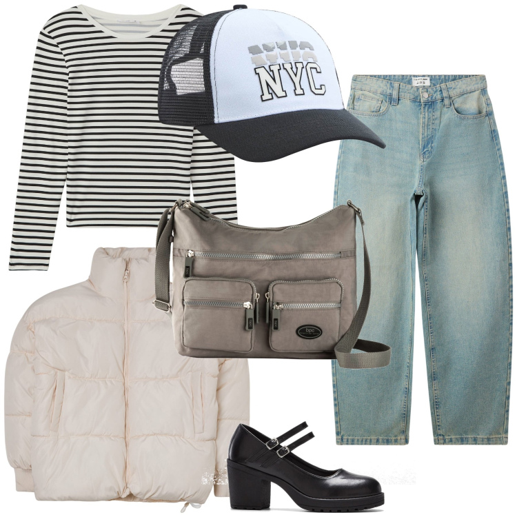 Outfit donna - Denim lover. Stile Preppy per Tutti i giorni. Abbinamento con borse a tracolla, décolleté, cappelli, jeans, blazer, maglieria.