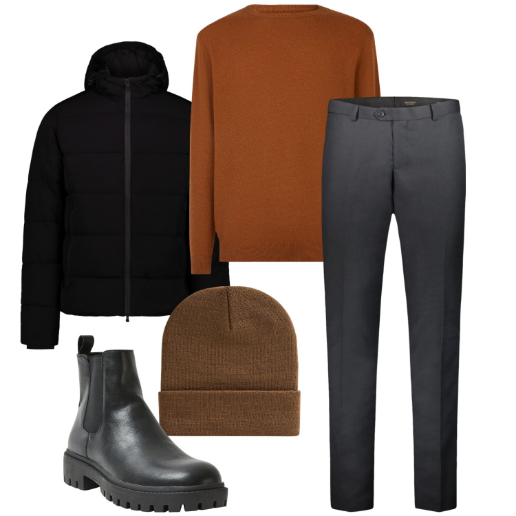 Outfit uomo - In ufficio. Stile Business/Elegante per Ufficio. Abbinamento con stivali e stivaletti, berretti, maglieria, piumini, pantaloni.