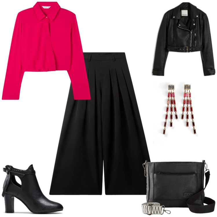 Outfit donna - Outfit Rock. Stile Rock per Tutti i giorni. Abbinamento con orecchini, borse a tracolla, stivaletti, blazer, bluse, pantaloni a palazzo.