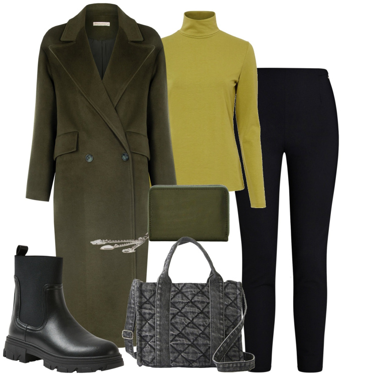 Outfit donna - City. Stile Casual chic per Tutti i giorni. Abbinamento con maglieria, borse a mano, portafogli, stivaletti chelsea, pantaloni skinny, cappotti.