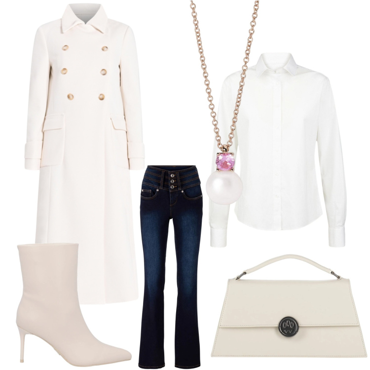 Outfit donna - Bianco e jeans. Stile Casual chic per Serata fuori. Abbinamento con jeans bootcut, borse a mano, stivaletti, collane, cappotti, camicie.