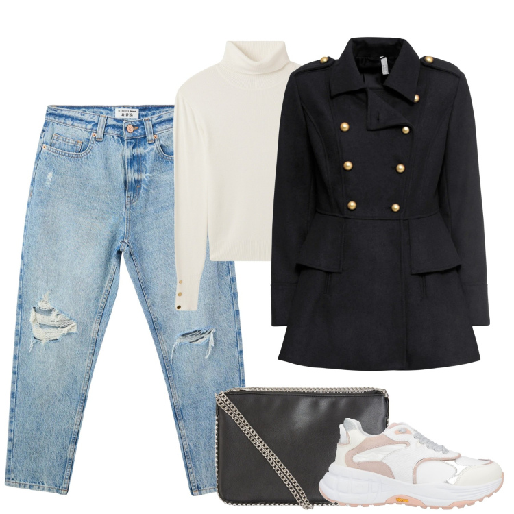 Outfit donna - City. Stile Casual per Tutti i giorni. Abbinamento con cappotti, sneakers, jeans mom, borse a tracolla, maglieria.