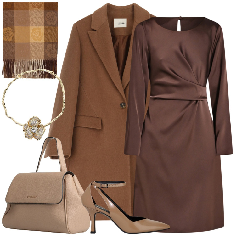 Outfit donna - Mocha Mousse Inspired. Stile Chic per Serata fuori. Abbinamento con zaini, vestiti midi/longuette, foulard, décolleté, cappotti, collane.