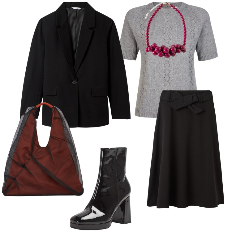 Outfit donna - Vado a fare la spesa. per Tutti i giorni. Abbinamento con gonne lunghe, stivaletti, blazer, maglieria, collane, shopping bag.