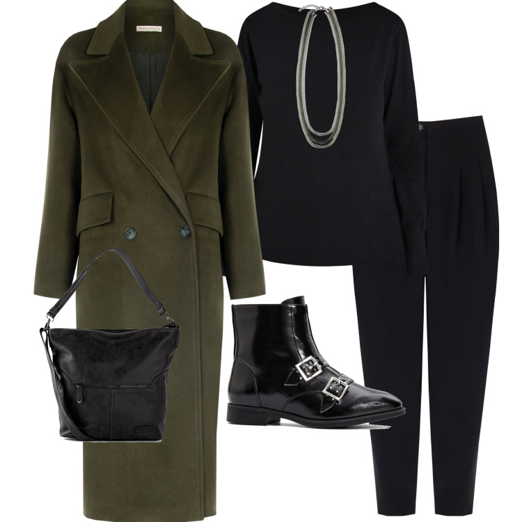 Outfit donna - In città. Stile Casual chic per Tutti i giorni. Abbinamento con borse a tracolla, stivaletti, cappotti, pantaloni, maglieria, collane.