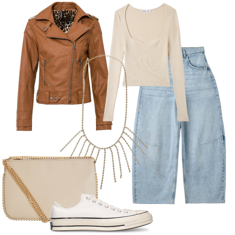 Outfit donna - Basic in jeans. Stile Basic per Tutti i giorni. Abbinamento con blazer, collane, jeans boyfriend, maglieria, borse a tracolla, sneakers.
