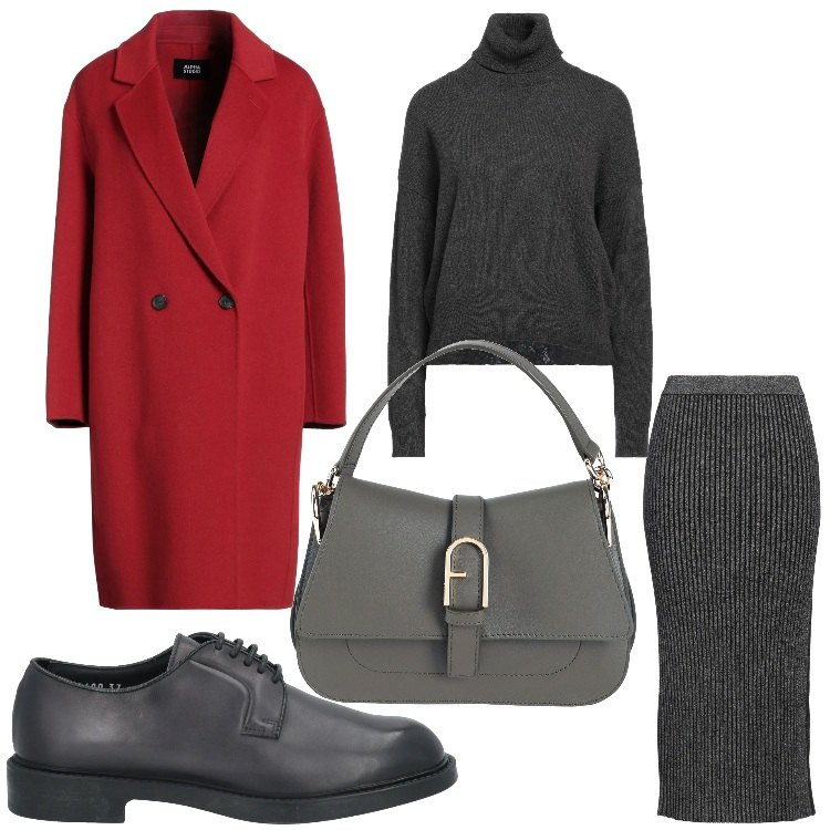 Outfit donna - Un tocco di colore. Stile Casual chic per Ufficio. Abbinamento con cappotti, scarpe stringate, gonne longuette, borse a mano, maglieria.