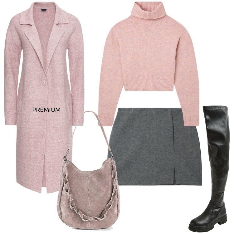 Outfit donna - Morbidezza. Stile Casual chic per Serata fuori. Abbinamento con cappotti, borse a mano, minigonne, maglieria, stivali.