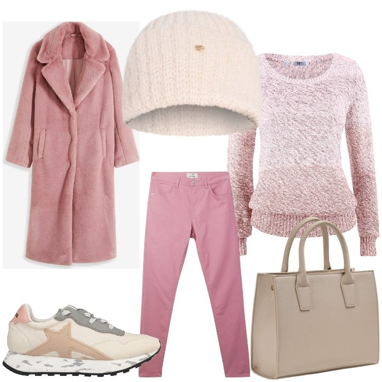 Outfit donna - Candy. Stile Casual per Tutti i giorni. Abbinamento con maglieria, ecopellicce, sneakers, pantaloni, shopping bag, berretti.