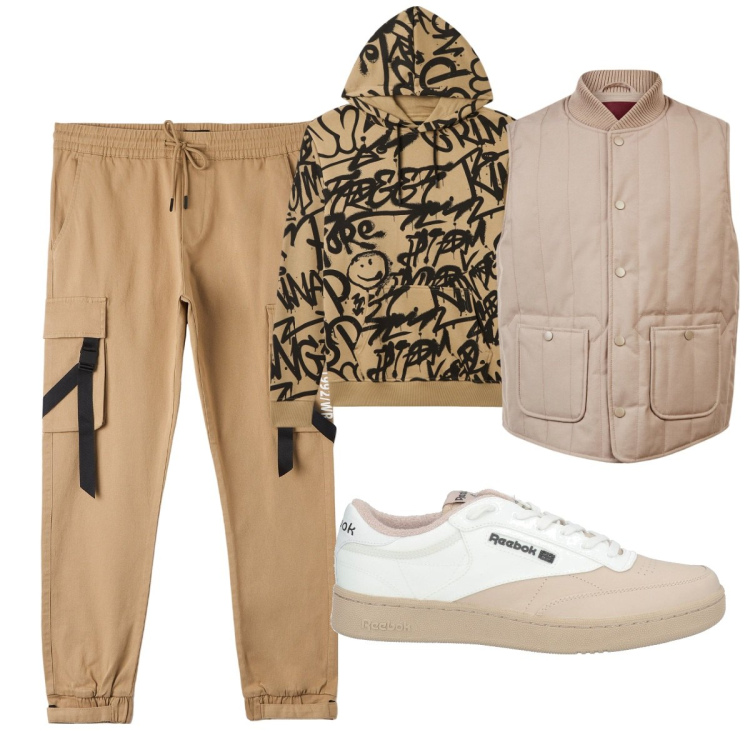 Outfit uomo - Total look #2049219. Stile Casual per Tutti i giorni. Abbinamento con sneakers, pantaloni cargo, felpe con cappuccio, piumini.