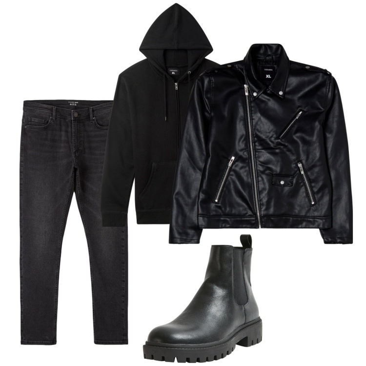 Outfit uomo - Total look #2049226. Stile Casual per Tutti i giorni. Abbinamento con felpe con cappuccio, jeans skinny, giacche, stivali e stivaletti.