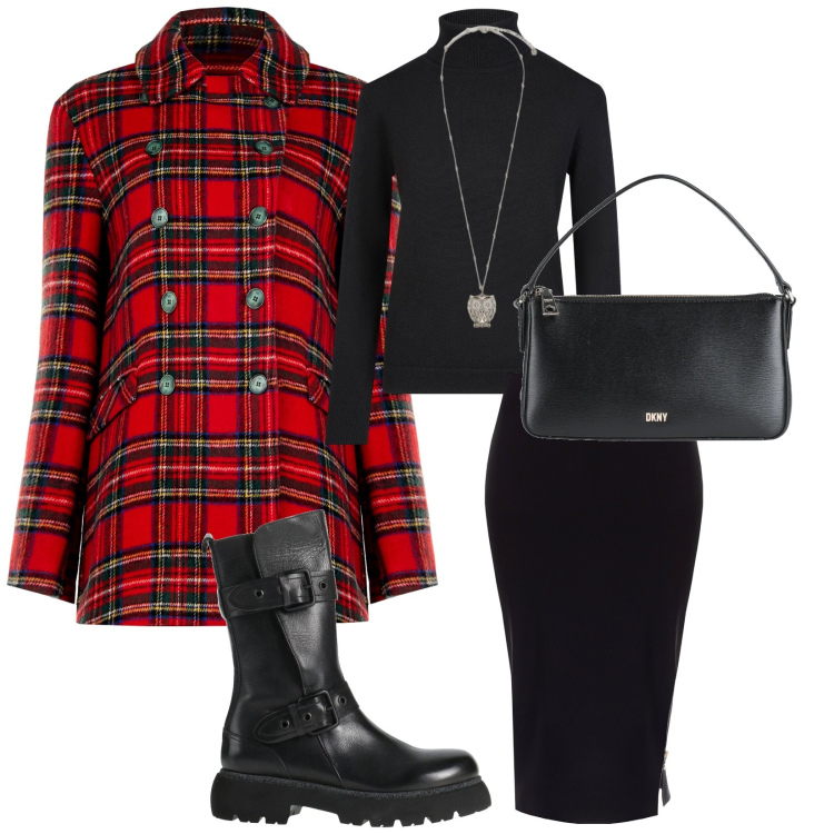 Outfit donna - Cappottino scozzese. per Tutti i giorni. Abbinamento con stivaletti, borse a mano, gonne, cappotti, maglieria, ciondoli.