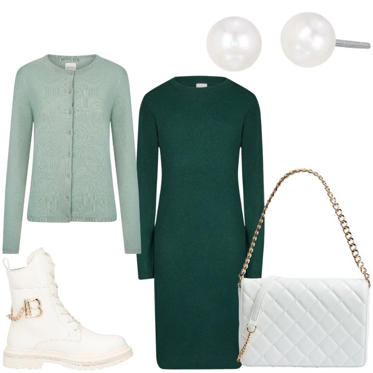 Outfit donna - Serata tra amiche. Stile Casual chic per Serata fuori. Abbinamento con anfibi, borse a tracolla, orecchini, vestiti midi/longuette, cardigans.