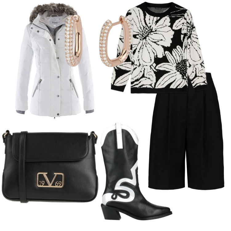 Outfit donna - Tutti i giorni. per Tutti i giorni. Abbinamento con piumini, borse a tracolla, stivali, orecchini, maglieria, bermuda.
