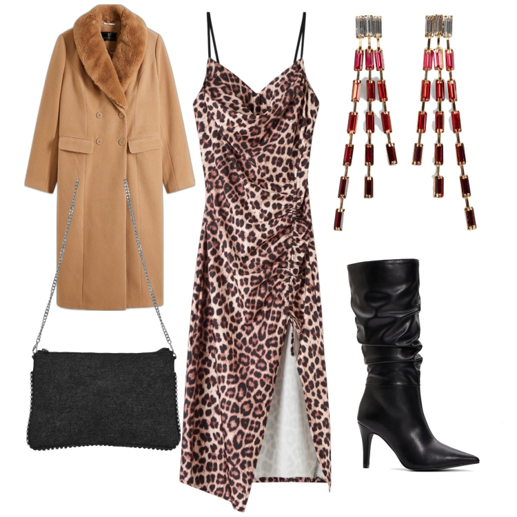 Outfit donna - Feline. Stile Glamour per Serata fuori. Abbinamento con orecchini, stivali, cappotti, vestiti, borse a tracolla.