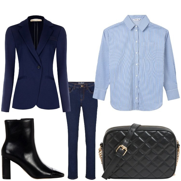 Outfit donna - Professional. Stile Casual chic per Ufficio. Abbinamento con jeans, borse a tracolla, camicie, blazer, stivaletti.