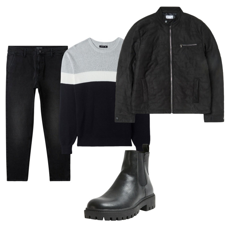 Outfit uomo - Total look #2049251. Stile Trendy per Tutti i giorni. Abbinamento con jeans, maglieria, stivali e stivaletti, giacche.