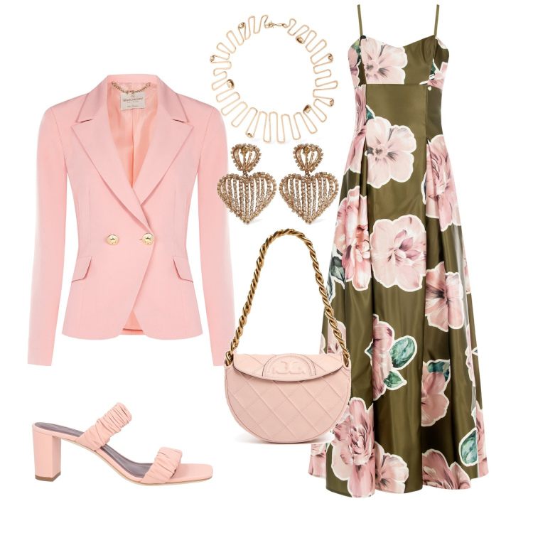 Outfit donna - Cerimonia di primavera. Stile Chic per Cerimonia. Abbinamento con sandali in pelle, vestiti lunghi, blazer, borse a spalla, collane, orecchini.
