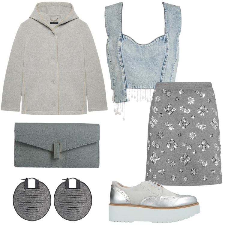 Outfit donna - Grigio blu. Stile Glamour per Tutti i giorni. Abbinamento con scarpe stringate, top, borse a mano, minigonne, orecchini, blazer.