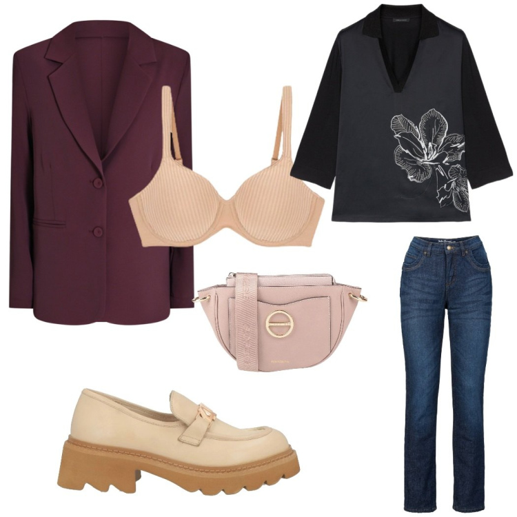 Outfit donna - Tutta la cipria che voglio. Stile Basic per Ufficio. look ideale per Petite. Abbinamento con jeans dritti, borse a tracolla, mocassini, blazer, reggiseni, t-shirt.