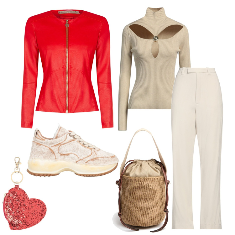 Outfit donna - Un tocco di rosso. Stile Casual chic per Ufficio. Abbinamento con pantaloni, sneakers, maglieria, portachiavi, giacche, borse a mano.