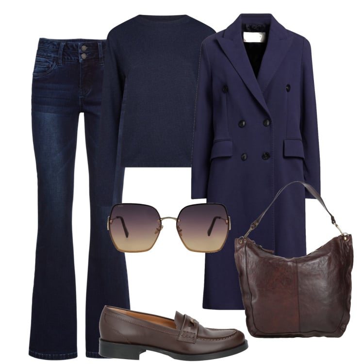 Outfit donna - Minimal blu e testa di moro. Stile Minimal per Tutti i giorni. Abbinamento con jeans bootcut, cappotti, borse a spalla, mocassini, occhiali da sole, maglieria.