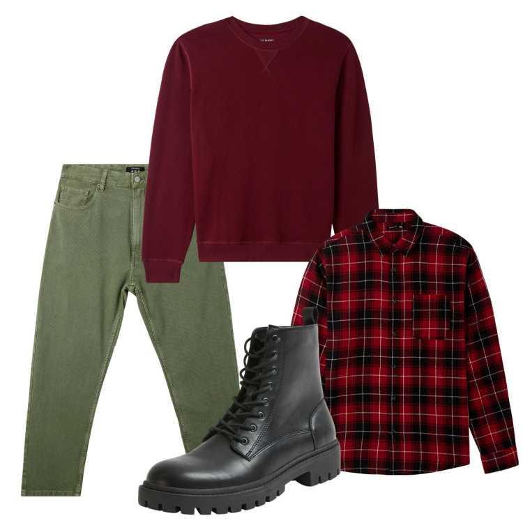 Outfit uomo - Total look. Stile Casual per Tutti i giorni. Abbinamento con camicie, pantaloni, felpe, anfibi.