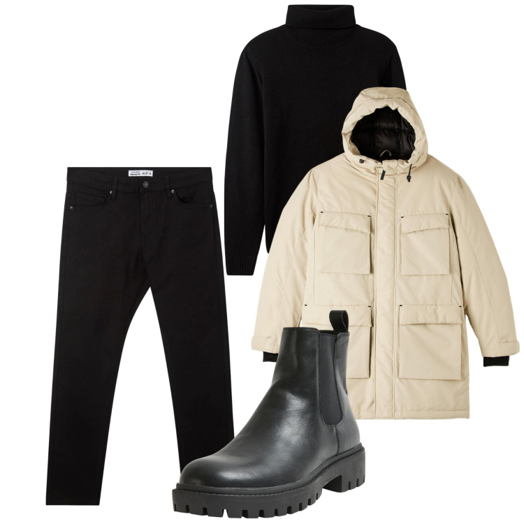 Outfit uomo - Total look. Stile Casual per Tutti i giorni. Abbinamento con stivali e stivaletti, parka, maglieria, pantaloni skinny.
