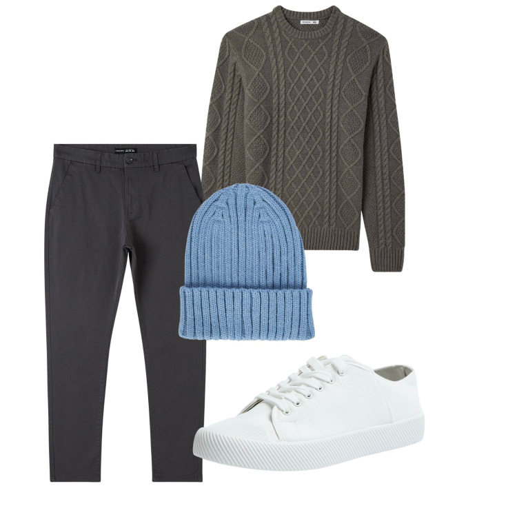 Outfit uomo - Total look. Stile Casual per Tutti i giorni. Abbinamento con pantaloni chino, sneakers, maglieria, berretti.